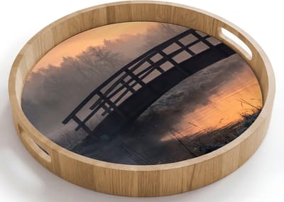 Dienblad rond 40x40 cm - Schootdienblad hout - Brug - Mist - Bomen - Water - Borrelplank rechthoek - Plateau houten dienbladen