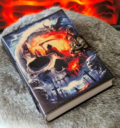 Leren Dagboek - Skull Grim Reaper Leren Journal Skull - 18x13cm - Leren Notitieboek Grim Reaper - Handgemaakt - UV-print