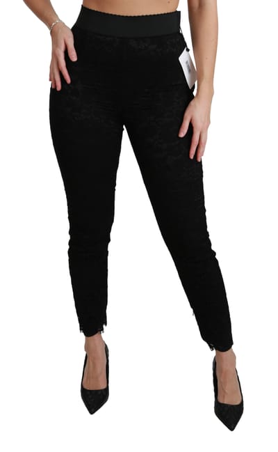 Dolce & Gabbana Vrouwen Zwarte Kant Skinny Hoge Taille Katoenen Broek