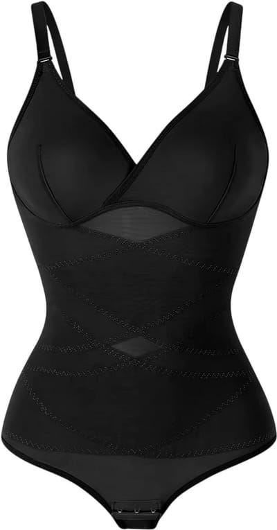 Dames corrigerende bodysuit buikcontrole shapewear – Full Body Shaper met V-hals, ademend mesh ondergoed & butt lifter - Zwart - Maat S