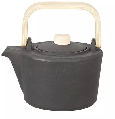 Kinghoff Gietijzeren Theepot met Filter - 1,3 Liter, Zwart, Houten Handvat en Dekselknop, Hoogwaardig RVS Filter, Traditioneel Design