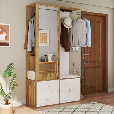Wishdor - Garderobeset Met Spiegel En Schoenenbank - Modern - Voor Hal - Spaanplaat - Wit En Naturel - 100 X 38 X 180 Cm