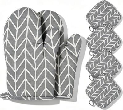 Barbecuehandschoenen, katoen, antislip, keukenhandschoenen, 1 paar en 4 pannenlappen voor de keuken, verdikking, magnetronhandschoenen, voor braden, bakken, grillen, bakken