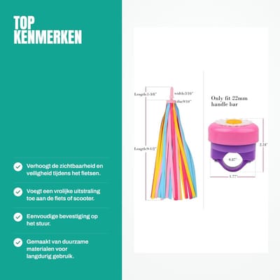 Dailygoods- Kinderfietsbel - 1 stuk - Fietsstreamers - 22 cm lang - Kunststof/IJzer - Geschikt voor 22 mm stuur - Fietsaccessoires