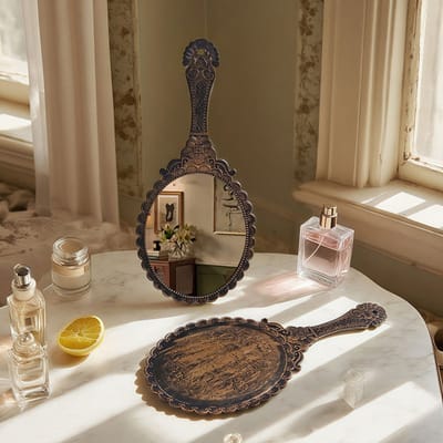 Retro handspiegel met handvat, kaptafel Handheld cosmetische spiegel Elegante handvatspiegel Draagbare plastic handreisspiegel voor vrouwen Gezichtsmake-up Reisfeest Bureau Draagaccessoires