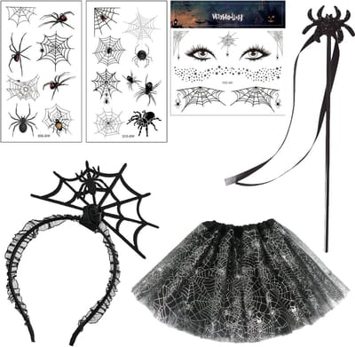 Spinnen thema Halloween kostuum voor kinderen - 6-delige set met haarband, tutu rok, toverstaf en tattoos - maat 6-8, perfect voor verkleedfeestjes en Halloween plezier