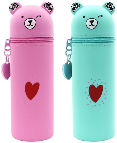 Allecto - 2-in-1 siliconen etui - Kawaii design - Roze - Multifunctioneel etui voor schrijfwaren - Ideaal voor onderweg - Ruimte voor cosmetica