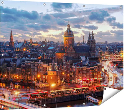 Gards Tuinposter Amsterdam Centrum Luchtfoto Zonsondergang - 120x90 cm - Tuindoek - Tuindecoratie - Wanddecoratie buiten - Tuinschilderij