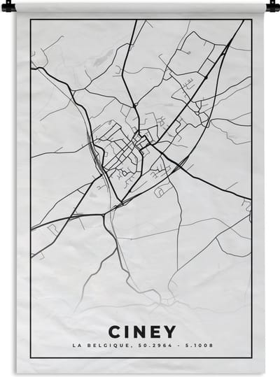 Wandkleed - Wanddoek - Stadskaart – Plattegrond – België – Zwart Wit – Ciney – Kaart - 120x180 cm - Wandtapijt