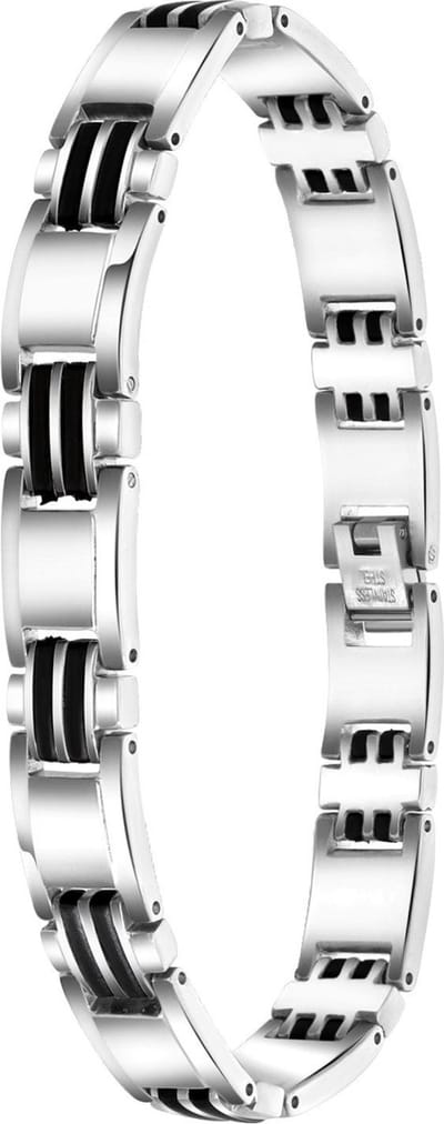 Lucardi Heren armband met zwarte accenten - Staal - Armband met hanger - Vaderdag Cadeautje - 21 cm - Zilverkleurig