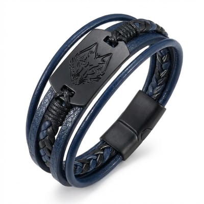 Blauwe leren armband voor heren met gevlochten details en plaat met wolf gravure – unisex