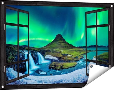 Gards Tuinposter Doorkijk Noorderlicht bij de Watervallen in IJsland - 90x60 cm - Tuindoek - Tuindecoratie - Wanddecoratie buiten - Tuinschilderij