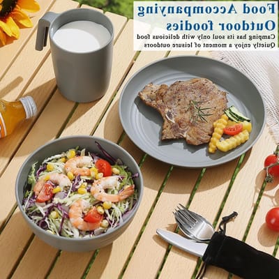 Complete Camping Mess Kit voor Reizen, Picknicks en Buitenactiviteiten - Bestekset met Mes, Lepel, Vork, Beker, Kom en Bord - Essentiële Kampeerspullen voor 1 Persoon