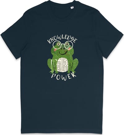 T Shirt Grappige Kikker Print - Dames Heren - Quote: Kennis Is Macht - Blauw - XS