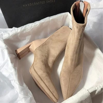 Dames Hoge Hak Laarzen Sexy Puntige Neus Hoge Hak Laarzen Mode Suède Slank Passend Halverwege de Kuit Laarzen Klassieke Dames Chelsea Laars 35