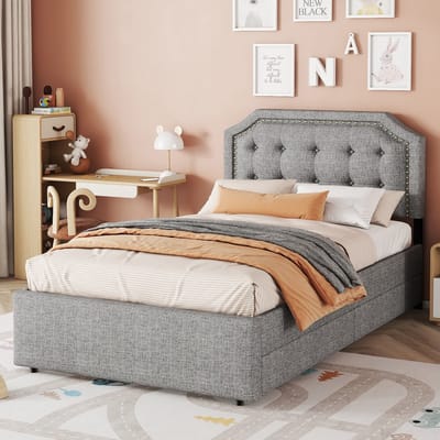 90 x 200 cm plat bed - gestoffeerd bed - bedbekleding met decoratieve klinknagels - dubbele laden - grijs - zonder matras