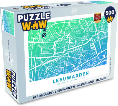 Puzzel Stadskaart - Leeuwarden - Nederland - Blauw - Legpuzzel - Puzzel 500 stukjes - Plattegrond