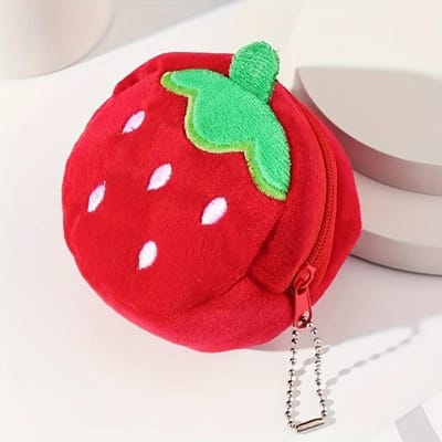 Porte-monnaie mini fraise mignon et compact en velours côtelé, porte-clés en peluche, rouge avec feuilles vertes et pois blancs green