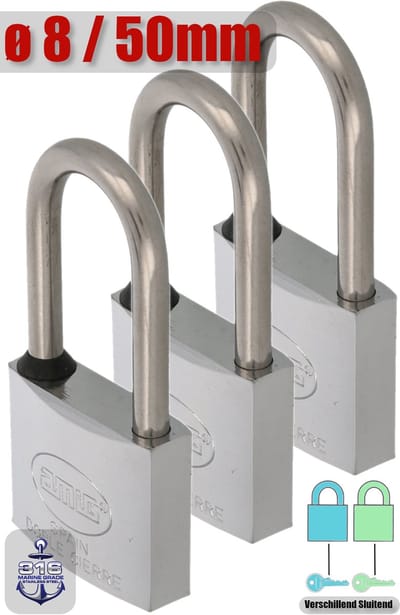 AMIG Hangslot RVS 316 Ø8/50mm Hoge Beugel Met Sleutel Buiten - Marine - 3 Stuks