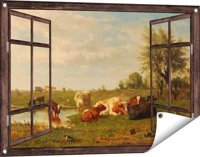 Gards Tuinposter Doorkijk Koeien in de Weide - Gerard Bilders - 90x60 cm - Tuindoek - Tuindecoratie - Wanddecoratie buiten - Tuinschilderij