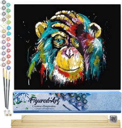 Figured'Art Schilderen op Nummer Volwassenen canvas Baviaan Pop-art - Handwerk acrylverf Kit DIY Compleet - 40x50cm met DIY houten lijst