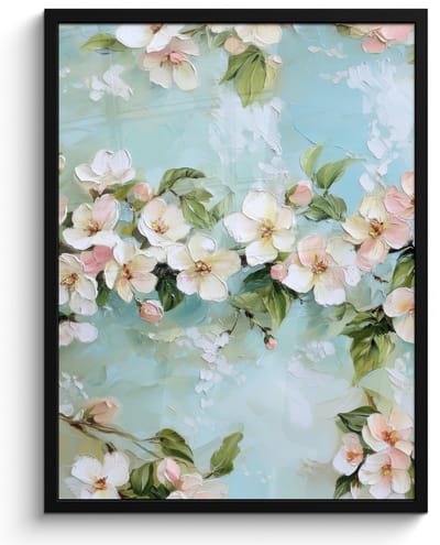 Poster in lijst - Fotolijst 50x70 cm - Posters - Bloesem - Bladeren - Lichtblauw - Posterlijst zwart - Decoratie - Wanddecoratie woonkamer - Muurdecoratie slaapkamer
