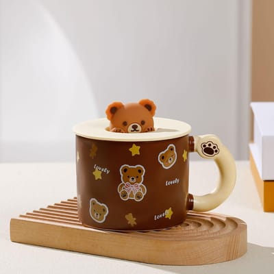 Schattige Keramische Beker met Deksel Studenten Ontbijtbeker Cartoon Beer Mok Grote Capaciteit Cadeau Waterbeker Huishoudset 360ML
