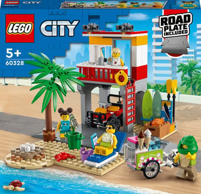 LEGO® City Strandwachter uitkijkpost 60328 bouwset voor kinderen vanaf 5 jaar; met een gebouw van 2 verdiepingen, een wegplaat, een terreinwagen, een ijscokar, een palmboom, een strand, 4 minifiguren en figuren van een krab en een schildpad (211 onde