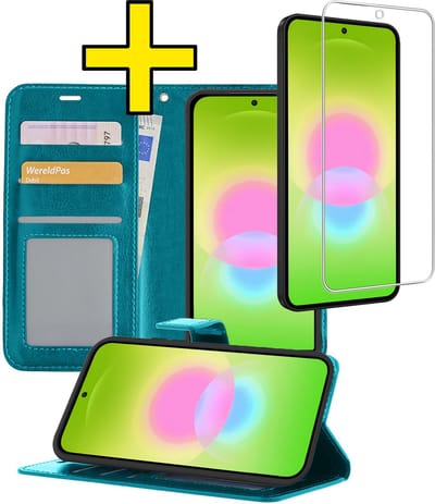 Hoesje - Met Screenprotector - Geschikt voor Samsung Galaxy A27 - Luxe Pasjeshouder - Bookcase Portemonee - Flip Case - Kunstleer Book Case - Flipcase - Book Cover - Walletcase - Portemonneehoes - Telefoonhoesjes - Turquoise
