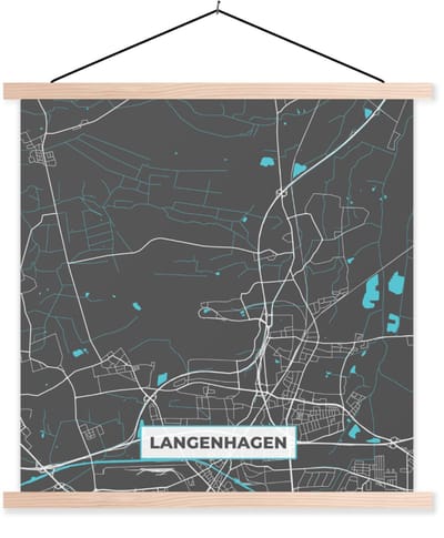 Posterhanger incl. Poster 40x40 cm - Schoolplaat - Langenhagen – Stadskaart – Blauw – Plattegrond – Stadskaart – Kaart - Duitsland - Textielposter - Blanke latten - Stadskaart