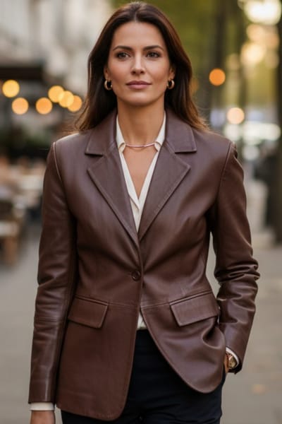 Dames Conker Brown Italiaanse leren blazerjasje-Eclipse