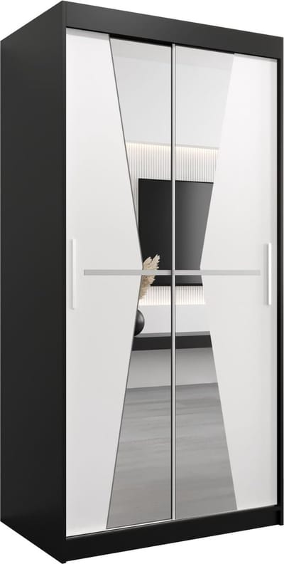 InspireMe - Kledingkast met 2 schuifdeuren, Modern-stijl, Een kledingkast met planken en een spiegel (BxHxD): 100x200x62 - TOTO 100 Zwart Mat + Wit Mat