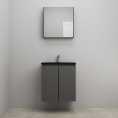 On-Line Badkamermeubelset - 60 cm - Bouwpakket - Greeploze Ladestructuur - Acryl Wastafel - 1 Kraangat - Spiegelkast - Mat Antraciet
