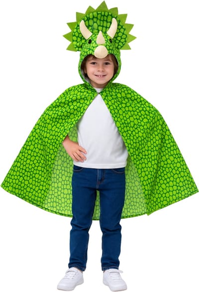 Joya Kids® Verkleedcape Triceratops | Dinosaurus Cape met 3D Dino Kop op Capuchon | Zachte Kindercape met Knuffel Dierenkop | Verkleden | Groene Verkleed Cape | Maat S | 4 tot 6 jaar oud