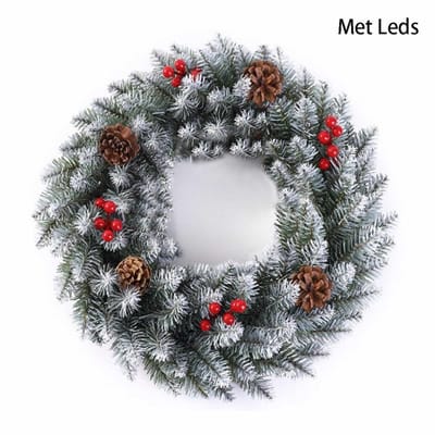 40cm Kerstkransen met LED verlichting -Met Batterijbox-Met sneeuwvlokken en dennenappels-deurkransen kerstversiering- Kerstdecoratie - Kerstmis-Groen