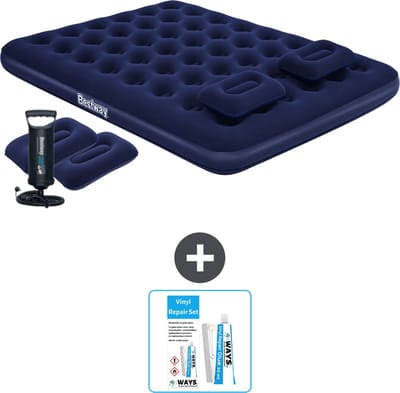 Bestway luchtbed - 2-Persoons - 152 x 203 x 22 cm - Blauw - Inclusief handpomp - kussens - Reparatieset