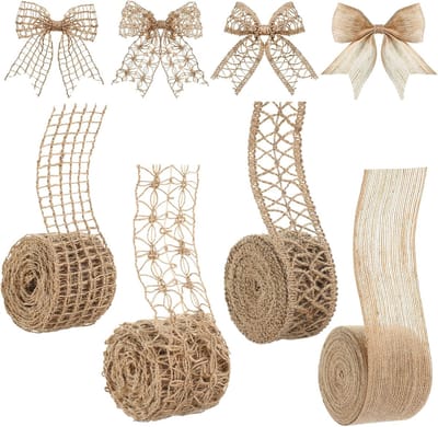 4 rollen jute lint, natuurlijk jute kant, 1,6-2 inch x 16,4 yard, inpaklint voor knutselen, grote strikken, kerstboomversieringen, kransen, buitendecoratie, cadeauverpakkingen, doe-het-zelf feestdecoratie