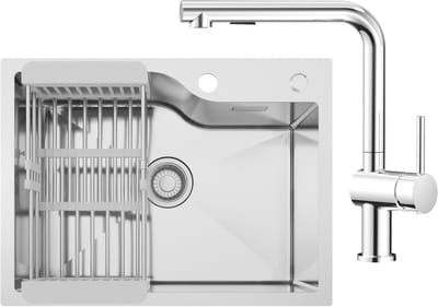 Anycee MAX Spoelbak RVS (60x45CM) - Spoelbak Met Kraangat - Spoelbak Keuken Met L-uitloop Keukenkraan - Enkele Spoelbak Met Afdruiprek - Incl. Sifon en Afvoerzeefje
