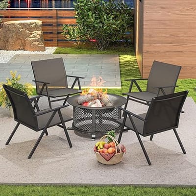 Luxe Tuinstoelen Set van 2 - Ergonomische Balkonstoelen met Ademende Textileen Zitting - Inclusief Armleuningen & Verstelbare Voetsteunen - Max. 160 kg Belastbaar - Grijs