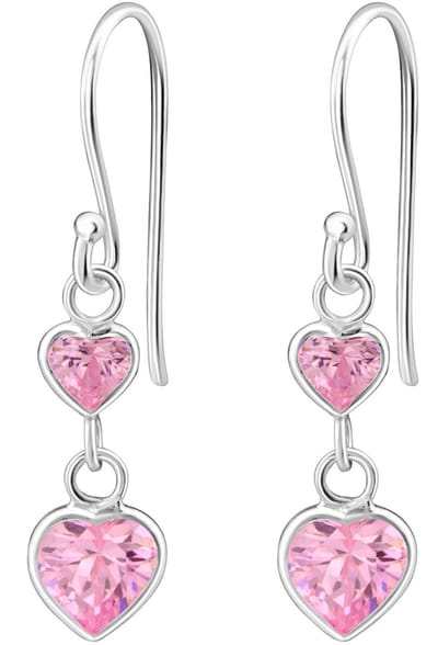 Joy|S - Zilveren hartje oorbellen - roze zirkonia - 2 hartjes oorhangers