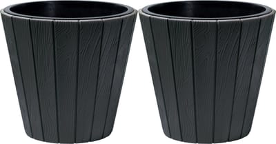 Prosperplast Plantenpot/bloempot Wood Style - 2x - buiten/binnen - kunststof - antraciet - D35 x H32 cm - met binnenpot