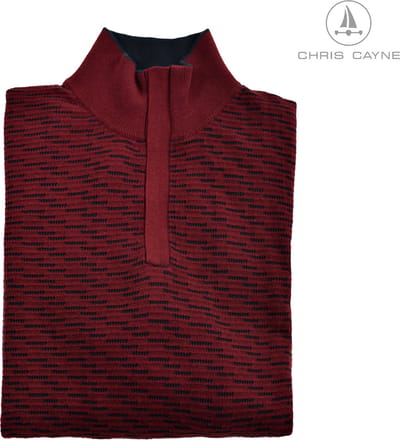 Chris Cayne schipperstrui - rood - M - heren trui - bordeaux/donkerblauw - structuur - fijn gebreid - heren pullover - korte rits - gebreid