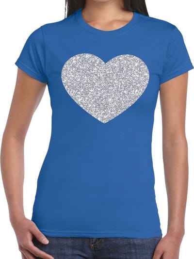 Feestkleding verkleedkleding t-shirt - met zilveren hartje - blauw - voor dames - Glitter and Glamour XS