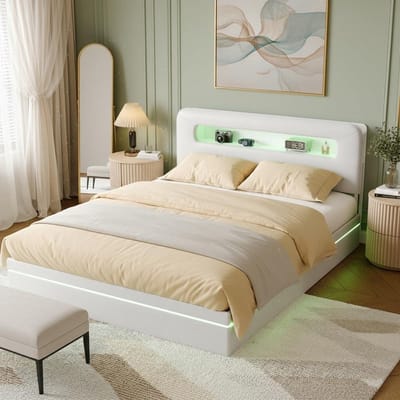 Gestoffeerd Dubbel Bed - Bank Bed - Opbergen en Slapen - Hydraulisch Systeem - 140 x 200 cm - Beige