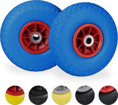 2x steekwagenwiel 3.00-4 - massief rubber - tot 80 kg - 260 x 85 mm - blauw-rood