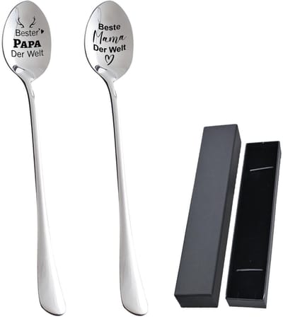 JHUBERS- Lepel Set 2 Stuks - Roestvrij Staal - Lange Handgreep - Geschenkdoos Zwart - Bedrukt met Beste Mama/Papa - 19,5 cm - Eetlepel