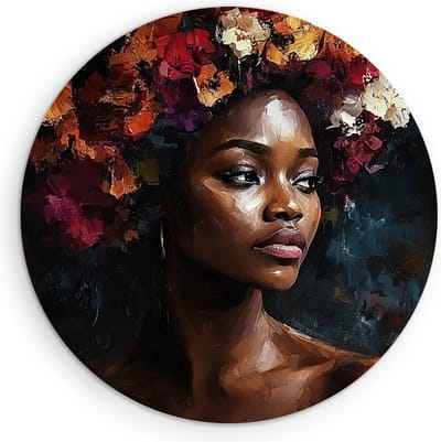 Saammp - Muurcirkel Hout - Afrikaanse Vrouw met Kleurrijke Bloemen - Abstract - Ø 90 - Wandcirkel - Wanddecoratie Cirkel - Muurdecoratie Woonkamer - Slaapkamer decoratie - Rond Schilderij