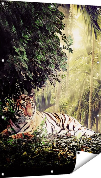 Gards Tuinposter Tijger in de Jungle met Zonneschijn - 80x120 cm - Tuindoek - Tuindecoratie - Wanddecoratie buiten - Tuinschilderij