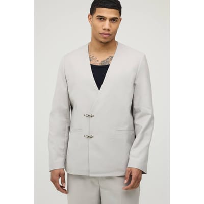 Kraagloze Oversized Blazer met Brandweergesp | Stone | Size 36
