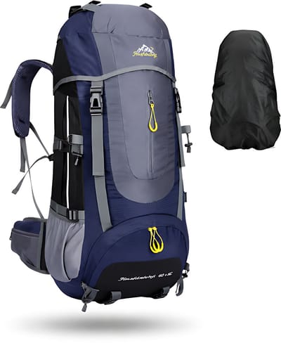 CarryQuest® 70L Camping Rugzak - Grote Hiking Backpack met Regenhoes, Rugventilatie, Front-/Toploader & Meerdere Vakken - Donkerblauw
